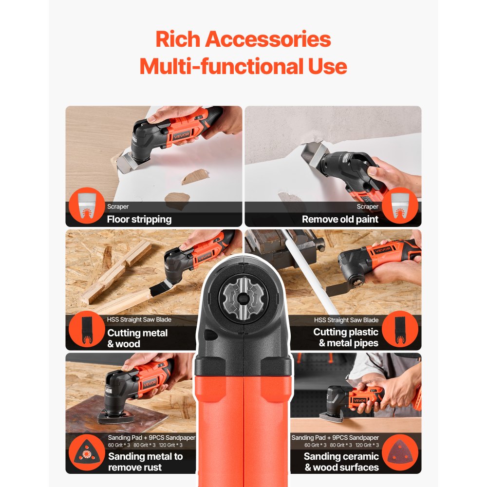 VEVOR Cordless Oscillating Tool, 20V Oscillating Multi Tool Kit with 6 Variable Speeds 8500 - 17000 OPM, 3.2° Oscillation Angle, 2.0Ah Battery Pack & Charger, 12PCS Saw Accessories & LED Work Light