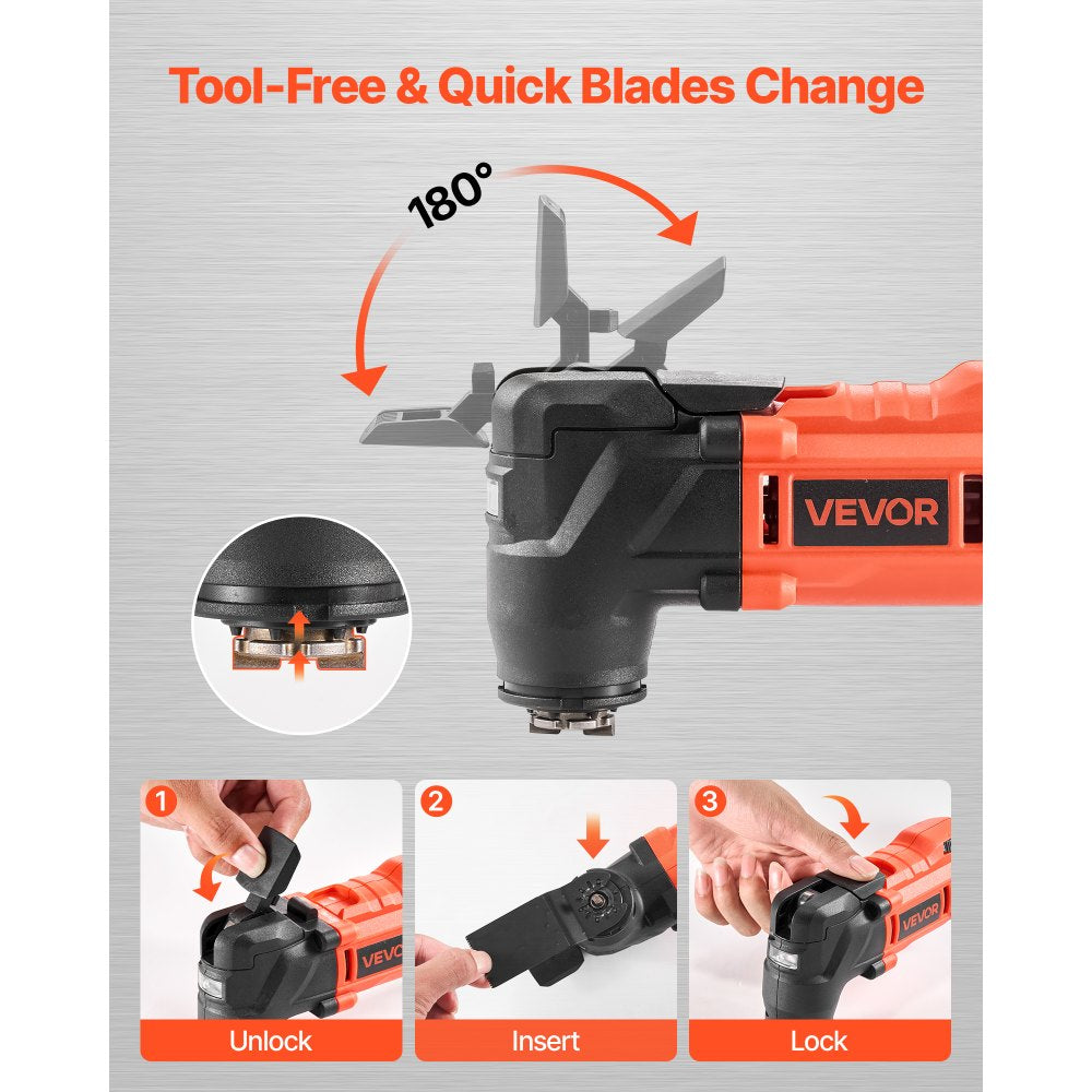 VEVOR Cordless Oscillating Tool, 20V Multitool Oscillating Tool with 6 Variable Speeds 8500 - 17000 OPM, 3.2° Oscillating Angle, 8PCS Saw Accessories & LED Work Light (Battery Pack Not Included)
