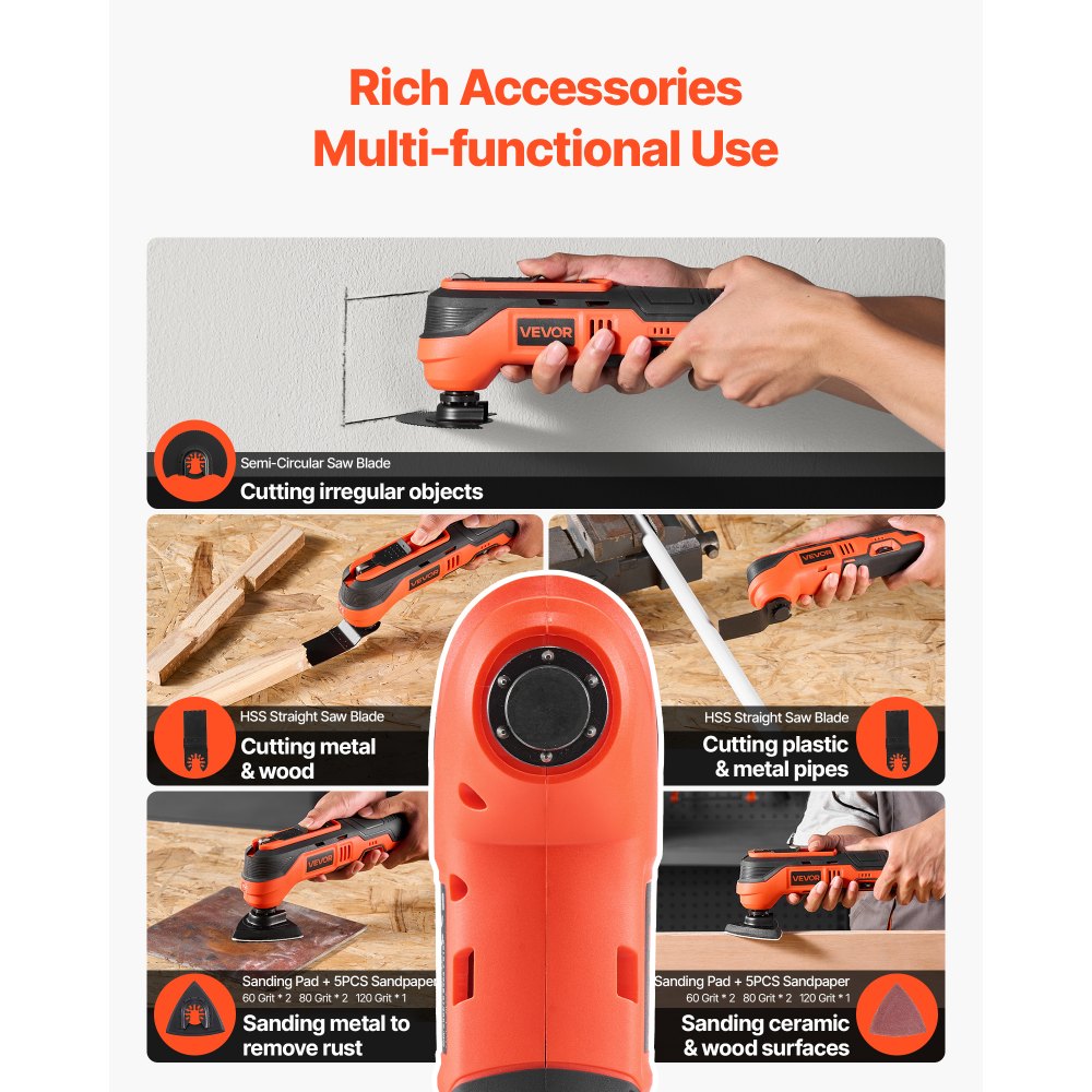 VEVOR Cordless Oscillating Tool, 12V Multitool Oscillating Saw Tool with 6 Variable Speeds 6000 - 17500 OPM, 3.2° Oscillation Angle, 2.0Ah Battery Pack & Charger, 8PCS Saw Accessories & LED Work Light