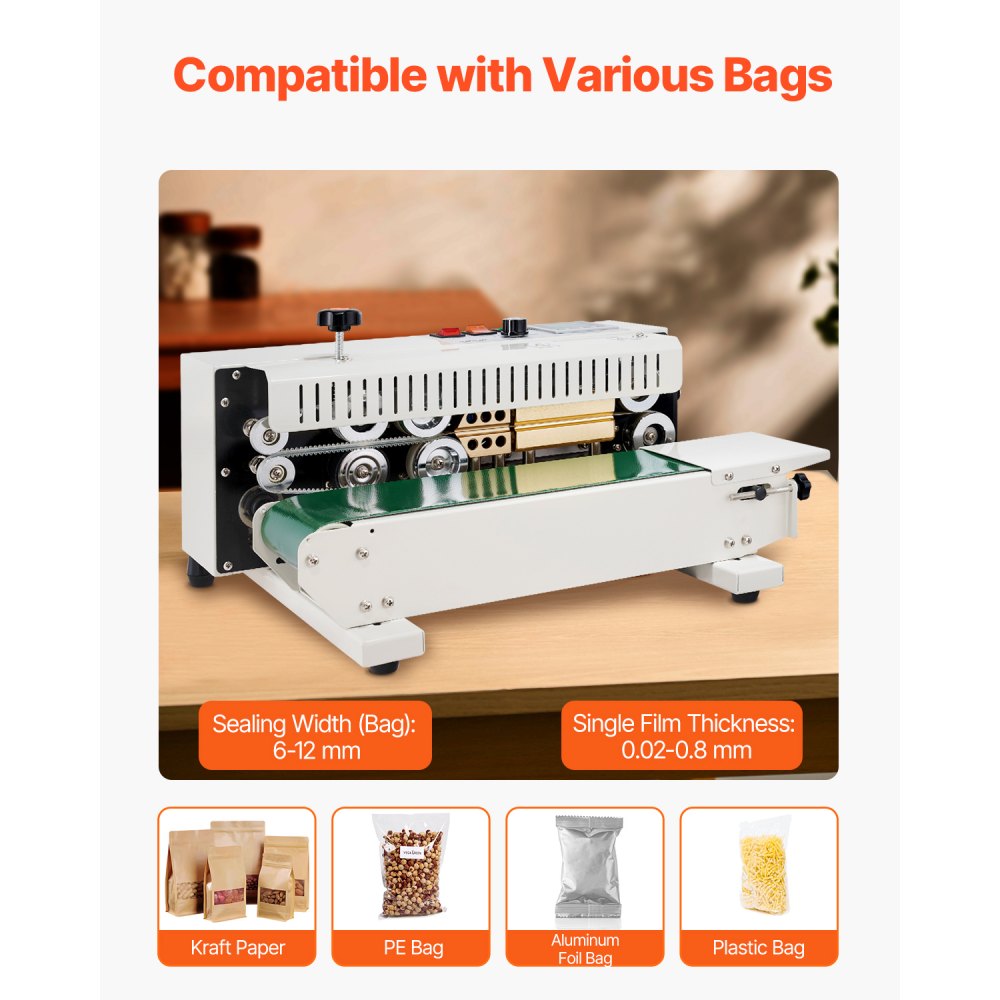 VEVOR Continuous Bag Band Sealing Machine, 0.24-0.47 in/6-12 mm Seal Width, Horizontal Band Sealer Machine with Digital Temperature Control, Carbon Steel Bag Sealer for 0.02-0.8 mm Plastic Bags Films