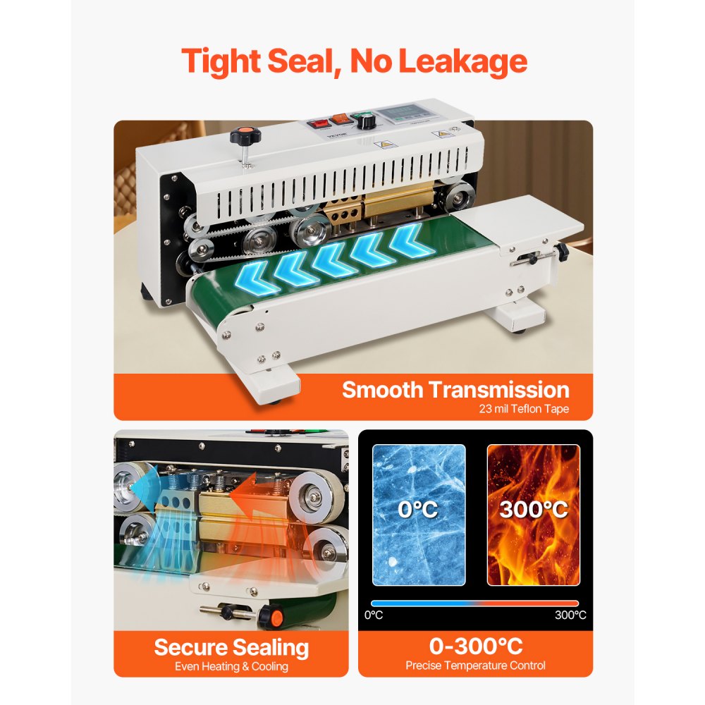 VEVOR Continuous Bag Band Sealing Machine, 0.24-0.47 in/6-12 mm Seal Width, Horizontal Band Sealer Machine with Digital Temperature Control, Carbon Steel Bag Sealer for 0.02-0.8 mm Plastic Bags Films