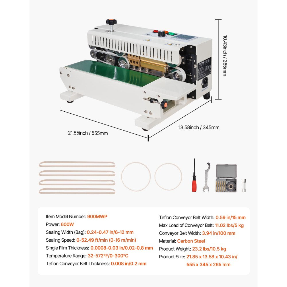 VEVOR Continuous Bag Band Sealing Machine, 0.24-0.47 in/6-12 mm Seal Width, Horizontal Band Sealer Machine with Digital Temperature Control, Carbon Steel Bag Sealer for 0.02-0.8 mm Plastic Bags Films