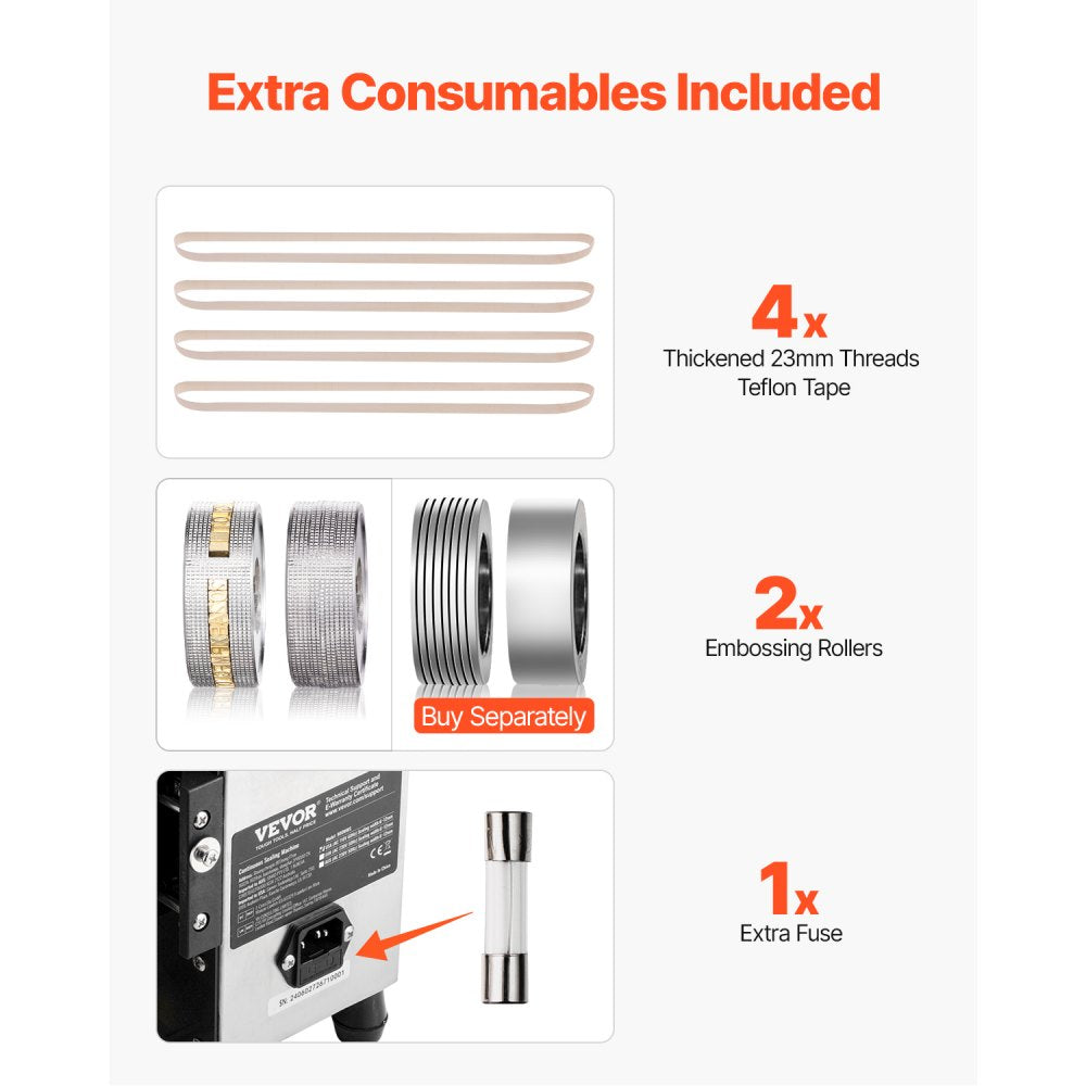 VEVOR Continuous Bag Band Sealing Machine, 0.24-0.47 in/6-12 mm Seal Width, Horizontal Band Sealer Machine with Digital Temperature Control, Bag Sealer for 0.02-0.8 mm Plastic Bags with Count Function