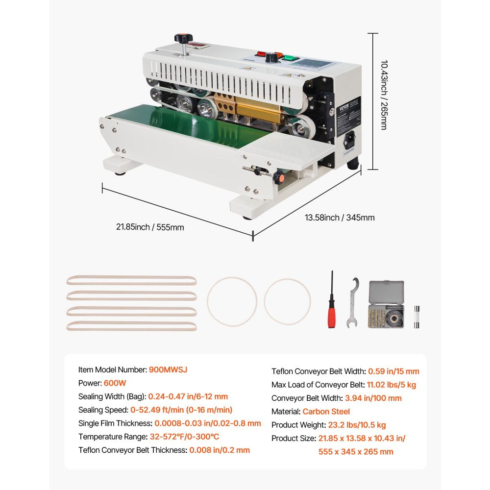 VEVOR Continuous Bag Band Sealing Machine, 0.24-0.47 in/6-12 mm Seal Width, Horizontal Band Sealer Machine with Digital Temperature Control, Bag Sealer for 0.02-0.8 mm Plastic Bags with Count Function