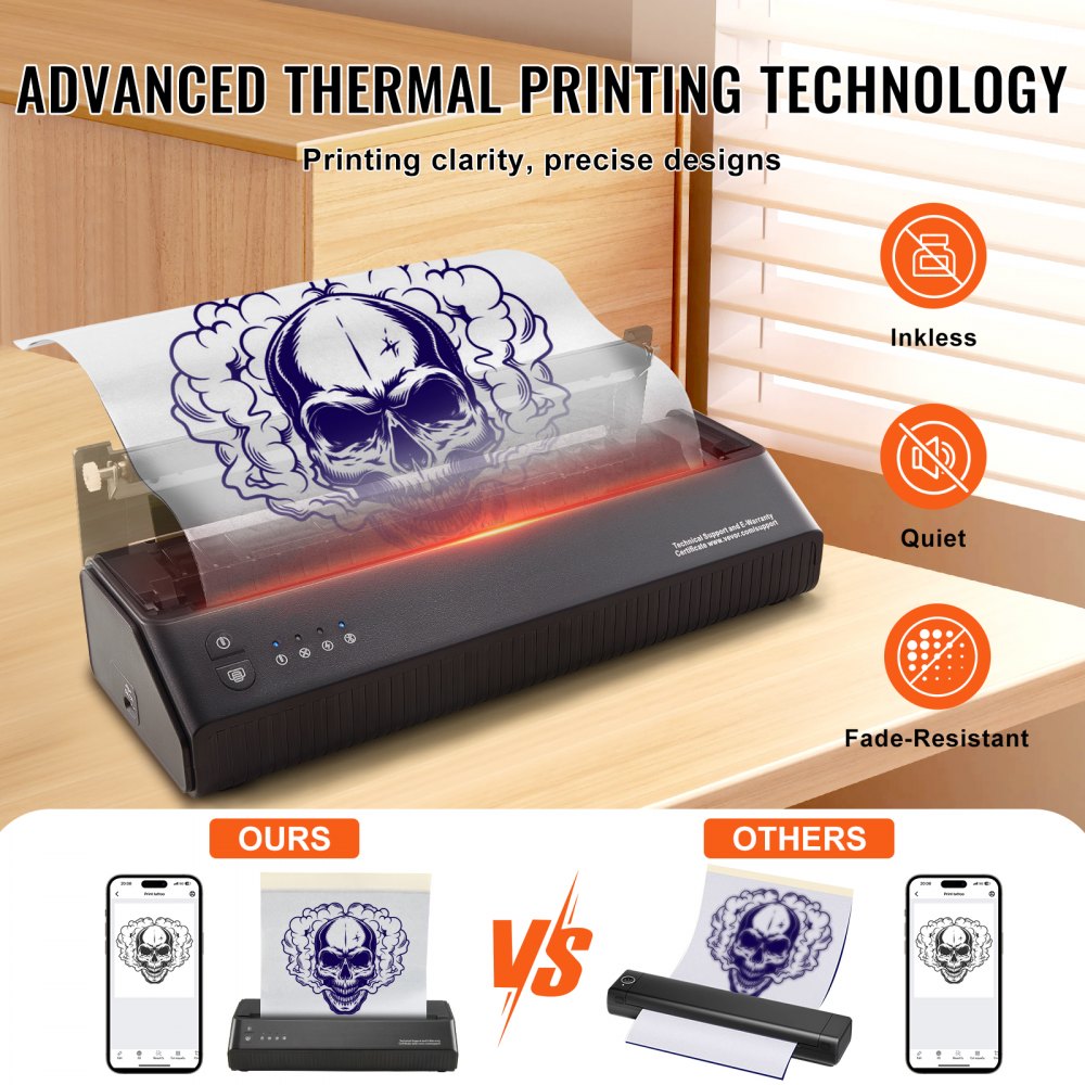 VEVOR Tattoo Stencil Printer, Wireless Bluetooth Tattoo Printer Transfer Stencil Machine with 10Pcs Transfer Paper, Compatible for iOS＆Android Phone, iPad＆PC (with Storage Bag)