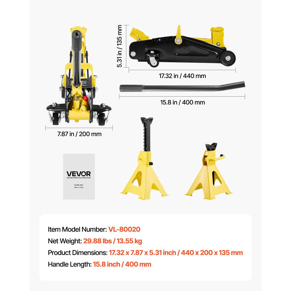 VEVOR Low Profile Floor Jack, 2 Ton (4400 lbs) Capacity, Steel Racing Floor Jack with Stands, Single Piston Quick Lift Pump, Hydraulic Trolley Car Lift for Compact SUVs, Lifting Range 5.1-12.2 Inches