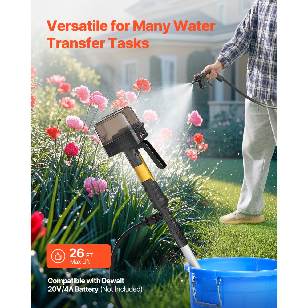 VEVOR Cordless Stick Water Transfer Pump, 528GPH, Portable Sump Pump with NPT3/4" Garden Hose, Compatible with Dewalt 20V MAX Battery (No Battery), Electric Utility Stick Pump for Pool, Garden, Pond