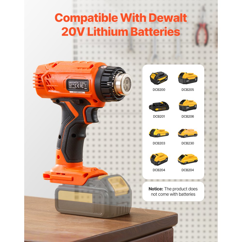 VEVOR Cordless Heat Gun, Hot Air Gun Compatible with DEWALT 20V Lithium Batteries, LCD Display Heat Shrink Gun with LED Light, Multi-Level Temp & 4 Nozzles, Ideal for Shrink Tubing, PVC Wrap, Crafting