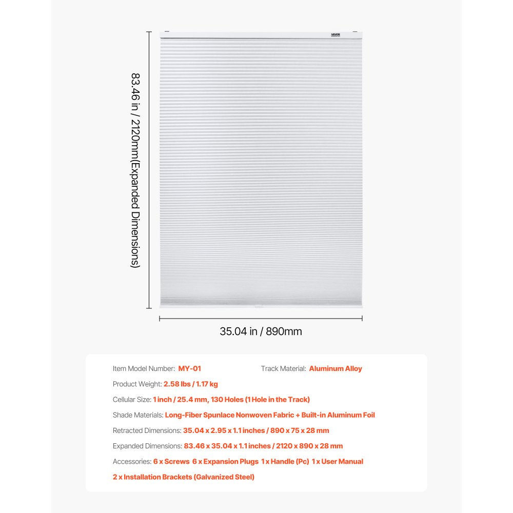VEVOR Cellular Shades, 1 inch Light Filtering Cordless Cellular Blinds, Blackout Privacy Honeycomb Shades for Home Indoor Windows, Thermal Insulation Noise Reduction, for Living Room, Bedroom, White