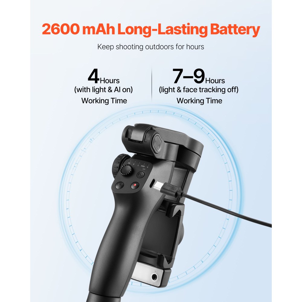 VEVOR Gimbal Stabilizer for Smartphone, 3-Axis Stabilization, AI-Powered Phone Gimbal for Android iPhone with Fill Light, Tripod, Auto Tracking, Portable Foldable Phone Stabilizer for Video Recording