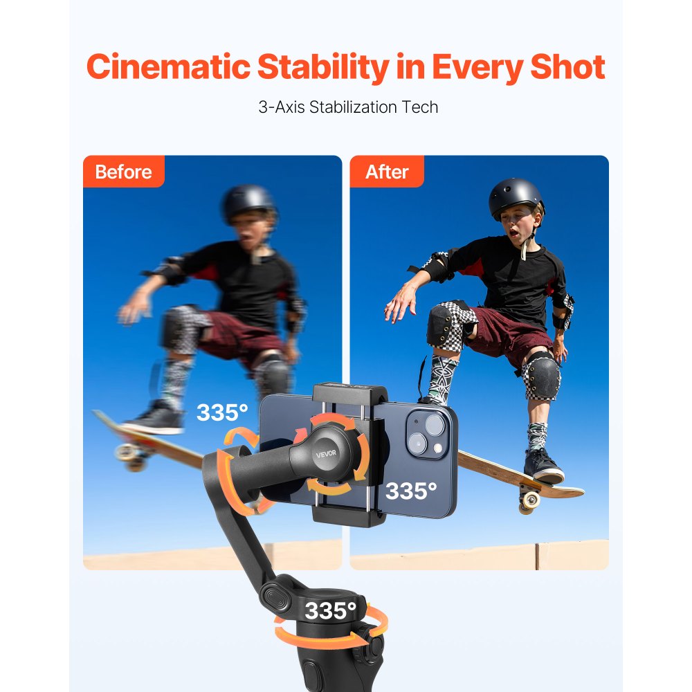 VEVOR Gimbal Stabilizer for Smartphone, 3-Axis Stabilization, Phone Gimbal for Android & iPhone with Face/Object Tracking, Tripod, Portable & Foldable Handheld Phone Stabilizer for Video Recording