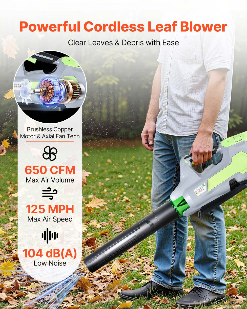 VEVOR cordless leaf blower - powerful cordless leaf blower feature graphic