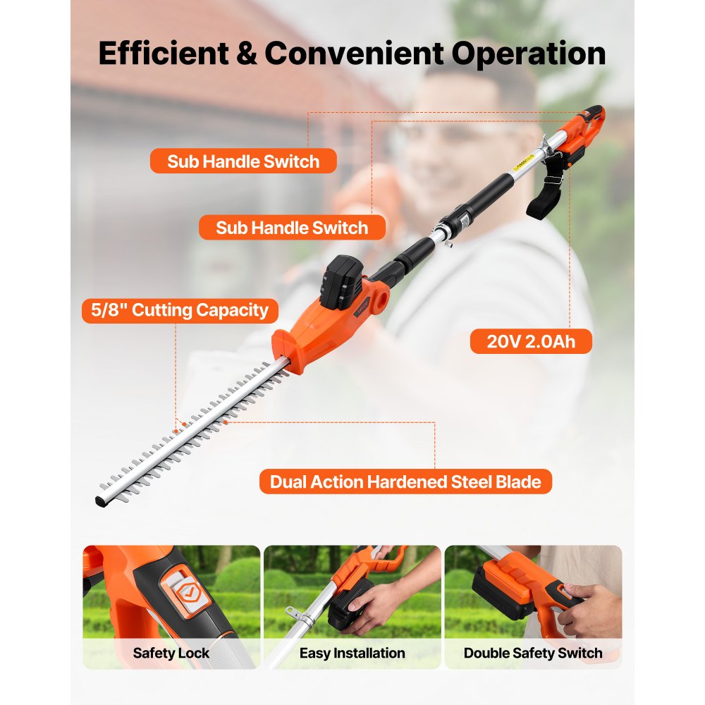 VEVOR Cordless Pole Hedge Trimmer, 20V Electric Bush Trimmer Kit with 18 Inch Double-Edged Steel Blade, 74-94 Inches Telescoping Design for High Branches (2.0Ah Battery and Fast Charger Included)