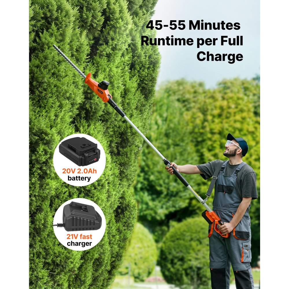 VEVOR Cordless Pole Hedge Trimmer, 20V Electric Bush Trimmer Kit with 18 Inch Double-Edged Steel Blade, 74-94 Inches Telescoping Design for High Branches (2.0Ah Battery and Fast Charger Included)