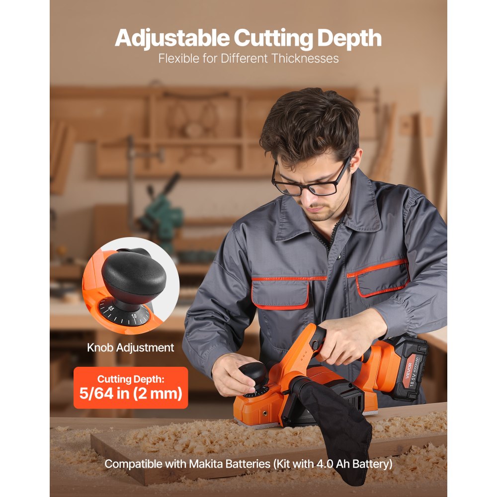 VEVOR Cordless Handheld Planer, 3-1/4-Inch Cut Width, 15000 RPM Electric Hand Wood Planer with 4.0 Ah 18V Lithium Battery, Brushless Motor, Adjustable Cut Depth, Dust Collection Bag, for Woodworking
