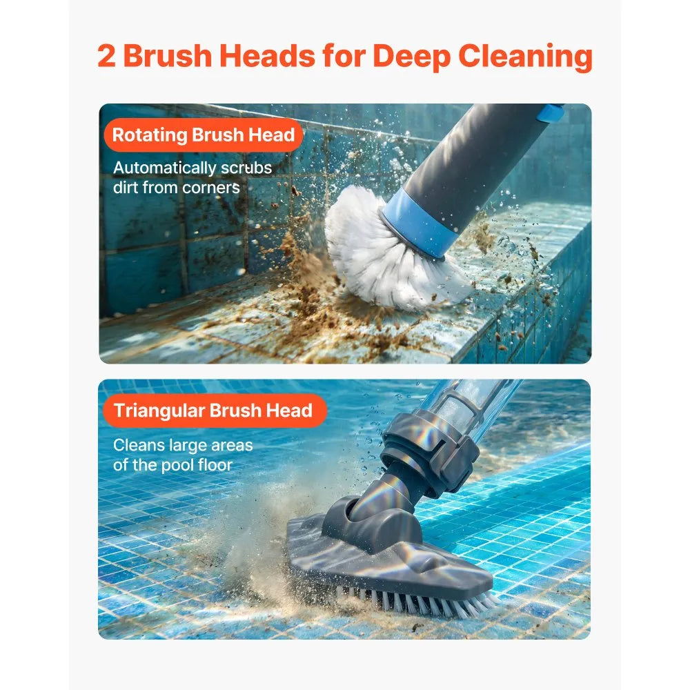 VEVOR Handheld Pool Vacuum, 8.5 GPM Cordless Spa Hot Tub Vacuum with Extension Pole and 2 Brush Heads, 60 Mins Running Time, for Small Debris, Sand, Rechargeable Pool Cleaner for Above Ground Pools