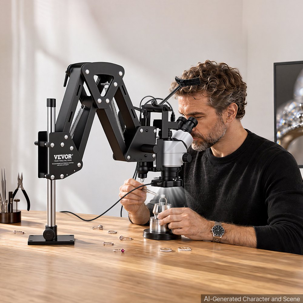VEVOR Multi-Directional Microscope with Spring Bracket Micro Inlaid Mirror, for Diamond Setting Jewelry Making Engraving, 7X-45X Continuous Magnification, Jewelry Microscope with Adjustable LED Light