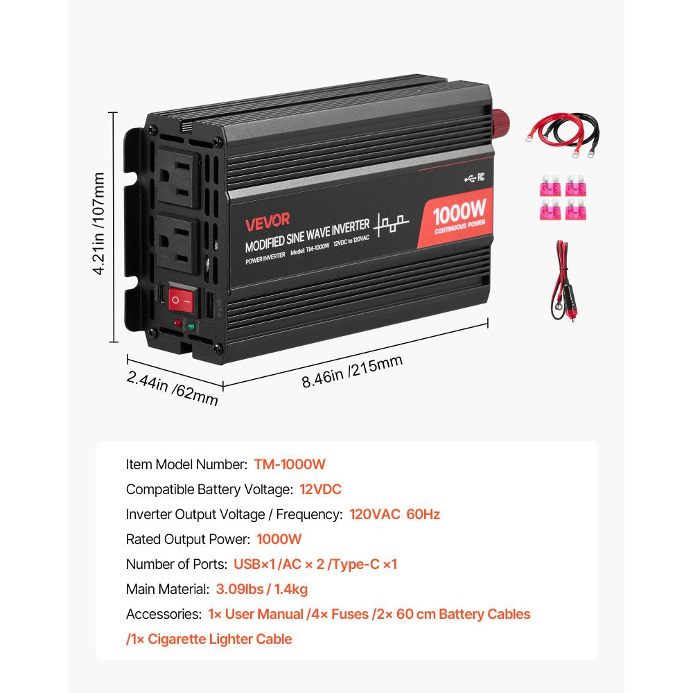 VEVOR 1000W Power Inverter, 12V DC to 120V AC Modified Sine Wave Inverter, Car Charger Converter with USB & Type-C Port, 2 AC Outlets, LED Indicator Light, Ideal for RV, Truck Outdoor Camping