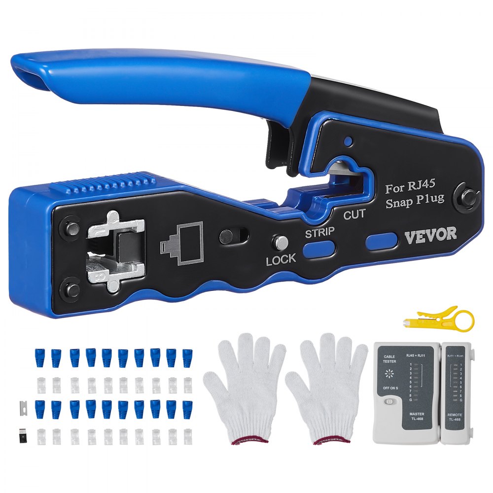 VEVOR RJ45 Crimp Tool Kit, Cat5e/Cat6/Cat6a Pass Through Ethernet Crimper for 8P8C Modular Plugs with 20pcs Connectors and 20pcs Covers, Wire Stripper and Network Tester