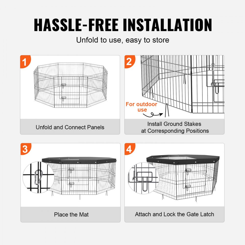 VEVOR Dog Playpen, 8 Panels Foldable Metal Dog Exercise Pen with Top Cover, 24" H Pet Fence Puppy Crate Kennel with Ground Stakes, Indoor Outdoor Dog Pen for Small Medium Pets, for Camping, Yard