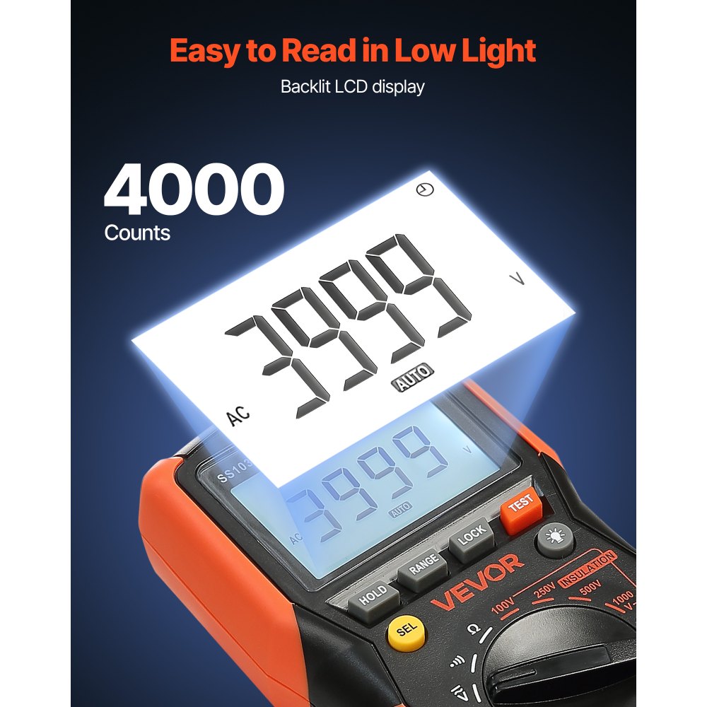VEVOR Digital Multimeter, 4000-Count TRMS Voltmeter Ohmmeter, 1000V AC/DC Voltage Tester with Switchable Auto/Manual Range for Voltage, Resistance, and Continuity Measurment