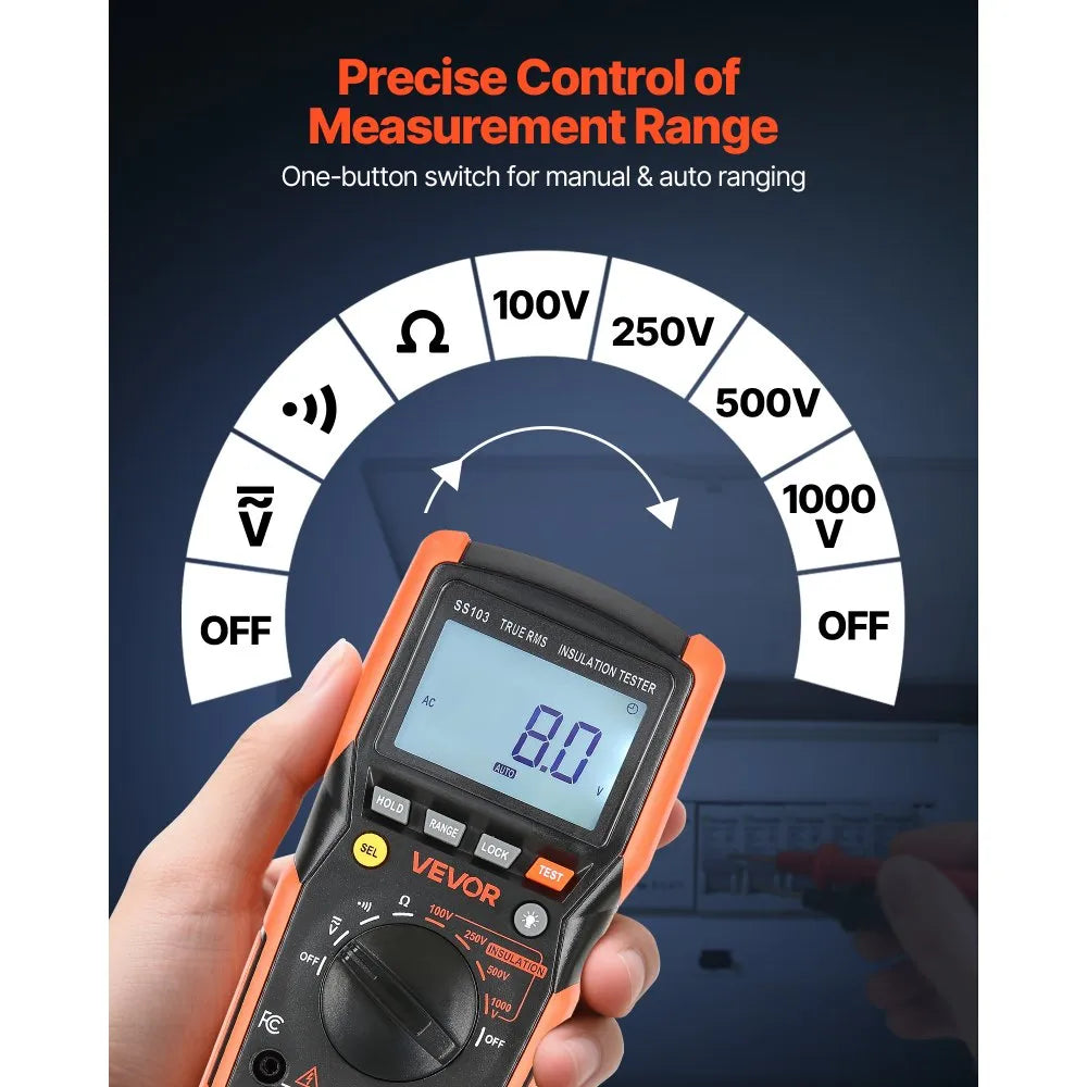 VEVOR Digital Multimeter, 4000-Count TRMS Voltmeter Ohmmeter, 1000V AC/DC Voltage Tester with Switchable Auto/Manual Range for Voltage, Resistance, and Continuity Measurment