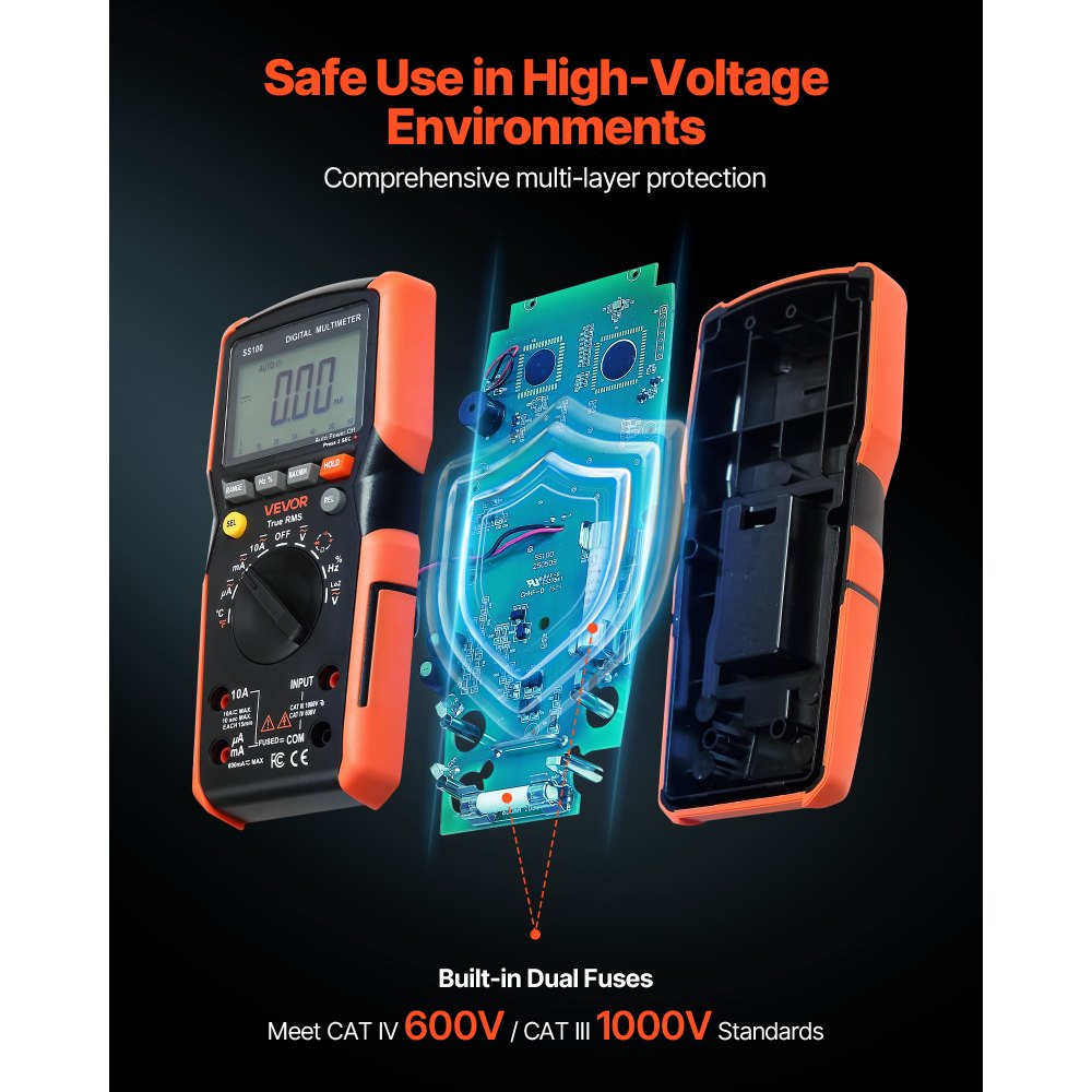 VEVOR Digital Multimeter, 6000-Count TRMS DC/AC Voltmeter Current Tester, Auto-Ranging Multimeter for Current Voltage Resistance Capacitance Temperature Diodes Continuity Low Impedance Measurment