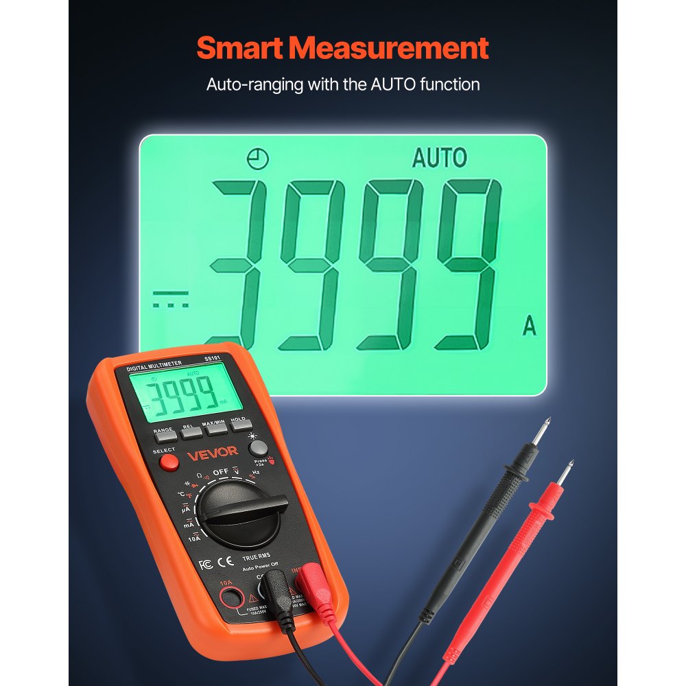 VEVOR Digital Multimeter, 4000-Count TRMS DC/AC Voltmeter Current Tester, Auto-Ranging Multimeter for Current Voltage Resistance Capacitance Temperature Diodes Continuity Duty-Cycle Measurments
