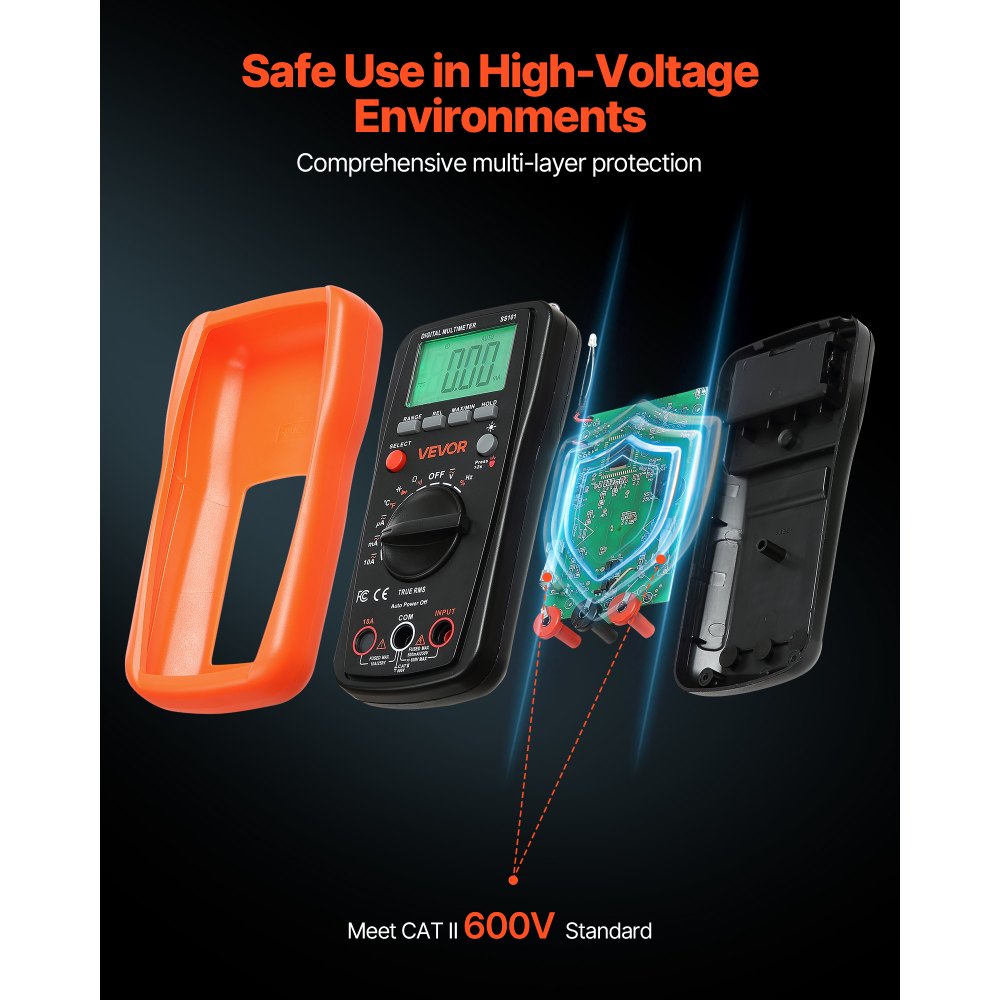 VEVOR Digital Multimeter, 4000-Count TRMS DC/AC Voltmeter Current Tester, Auto-Ranging Multimeter for Current Voltage Resistance Capacitance Temperature Diodes Continuity Duty-Cycle Measurments