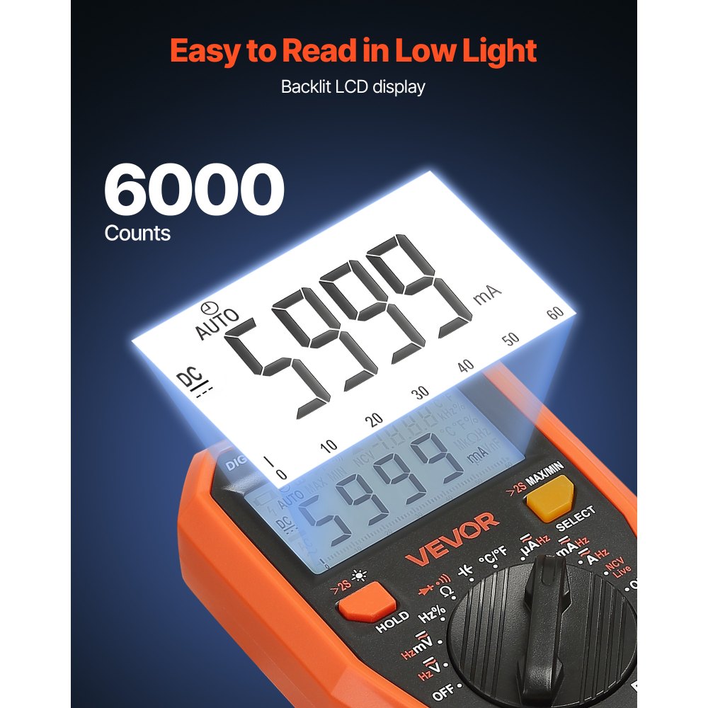 VEVOR Digital Multimeter, 6000-Count TRMS DC/AC Voltmeter Current Tester, Professional NCV Multimeter for Current Voltage Resistance Capacitance Duty-Cycle Tempetature Diodes Continuity Live Wire Test