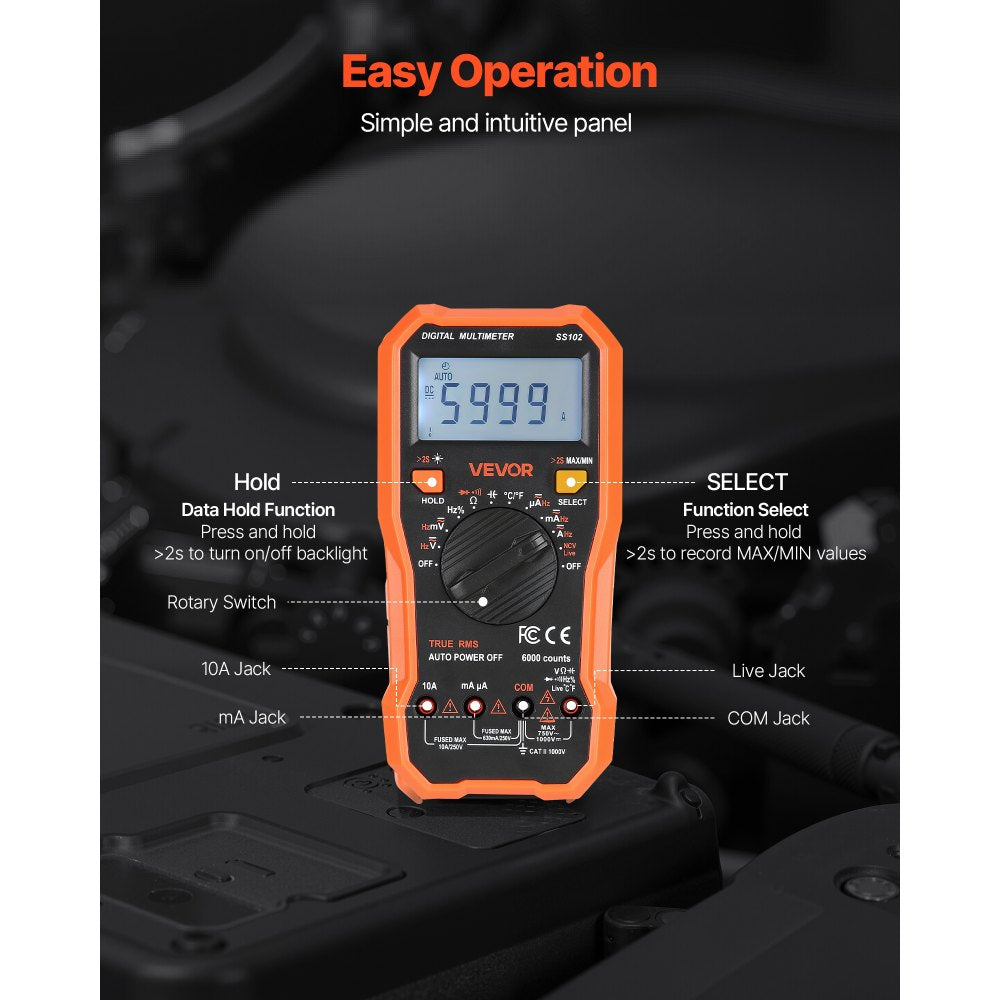 VEVOR Digital Multimeter, 6000-Count TRMS DC/AC Voltmeter Current Tester, Professional NCV Multimeter for Current Voltage Resistance Capacitance Duty-Cycle Tempetature Diodes Continuity Live Wire Test