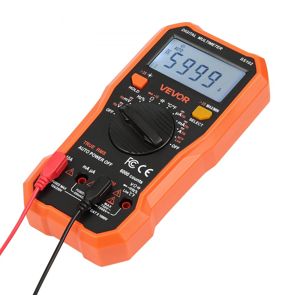 VEVOR Digital Multimeter, 6000-Count TRMS DC/AC Voltmeter Current Tester, Professional NCV Multimeter for Current Voltage Resistance Capacitance Duty-Cycle Tempetature Diodes Continuity Live Wire Test