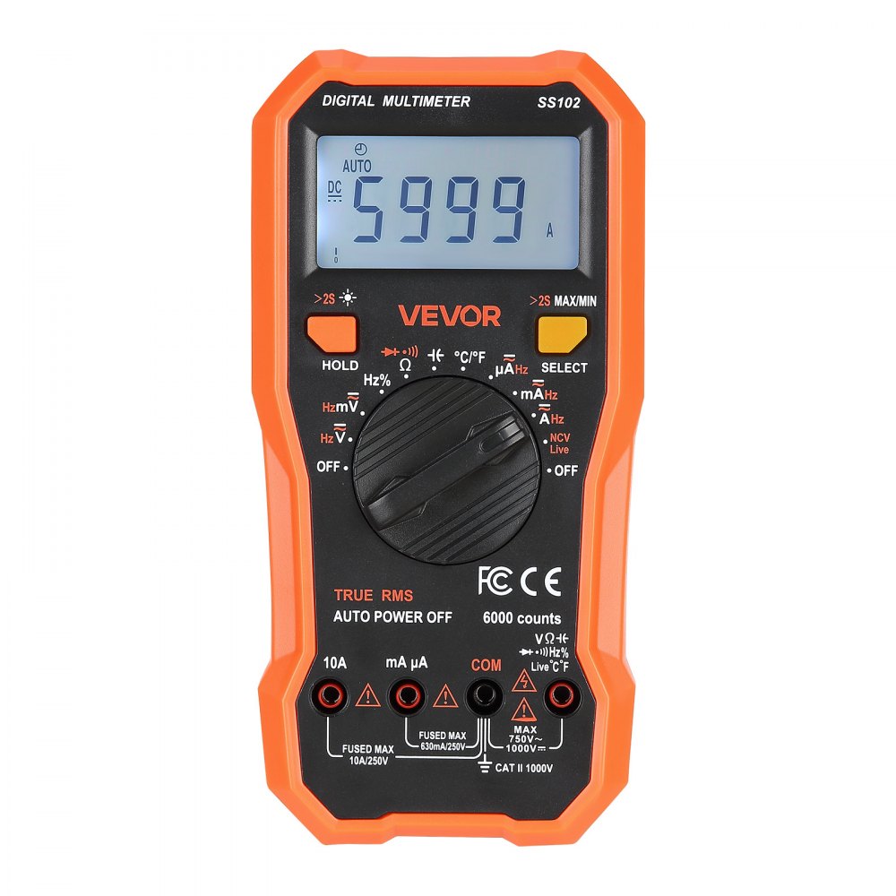 VEVOR Digital Multimeter, 6000-Count TRMS DC/AC Voltmeter Current Tester, Professional NCV Multimeter for Current Voltage Resistance Capacitance Duty-Cycle Tempetature Diodes Continuity Live Wire Test