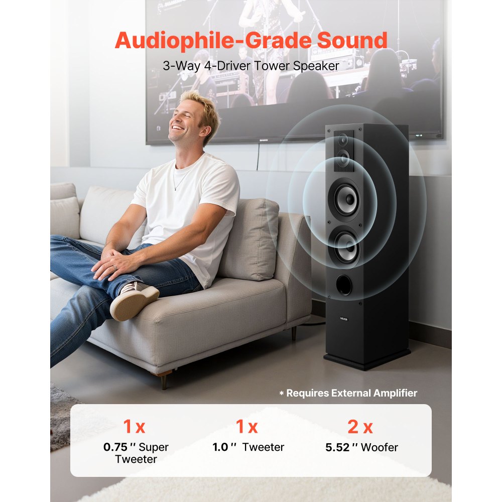 VEVOR Floorstanding Speaker, 3-Way, Floor-Standing Tower Speaker with 0.75 in & 1 in Tweeter, Dual 5.25 in Woofers, 145W Peak, 70Hz–20kHz Frequency Response, MDF Enclosure, for Home Audio, Single