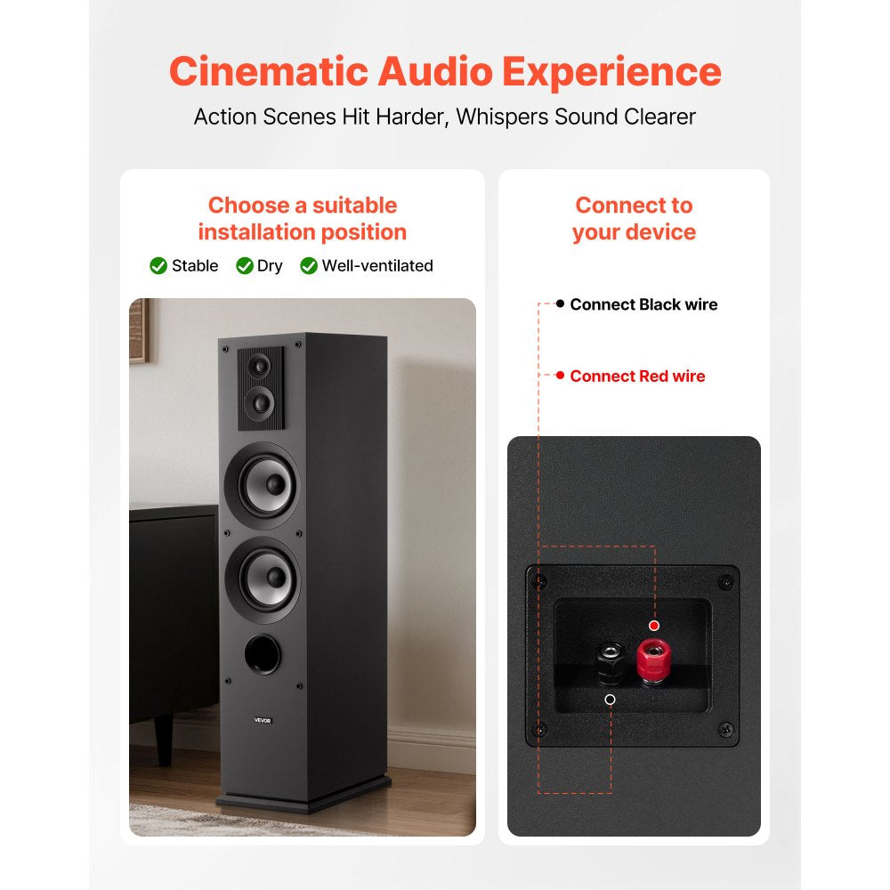 VEVOR Floorstanding Speaker, 3-Way, Floor-Standing Tower Speaker with 0.75 in & 1 in Tweeter, Dual 5.25 in Woofers, 145W Peak, 70Hz–20kHz Frequency Response, MDF Enclosure, for Home Audio, Single