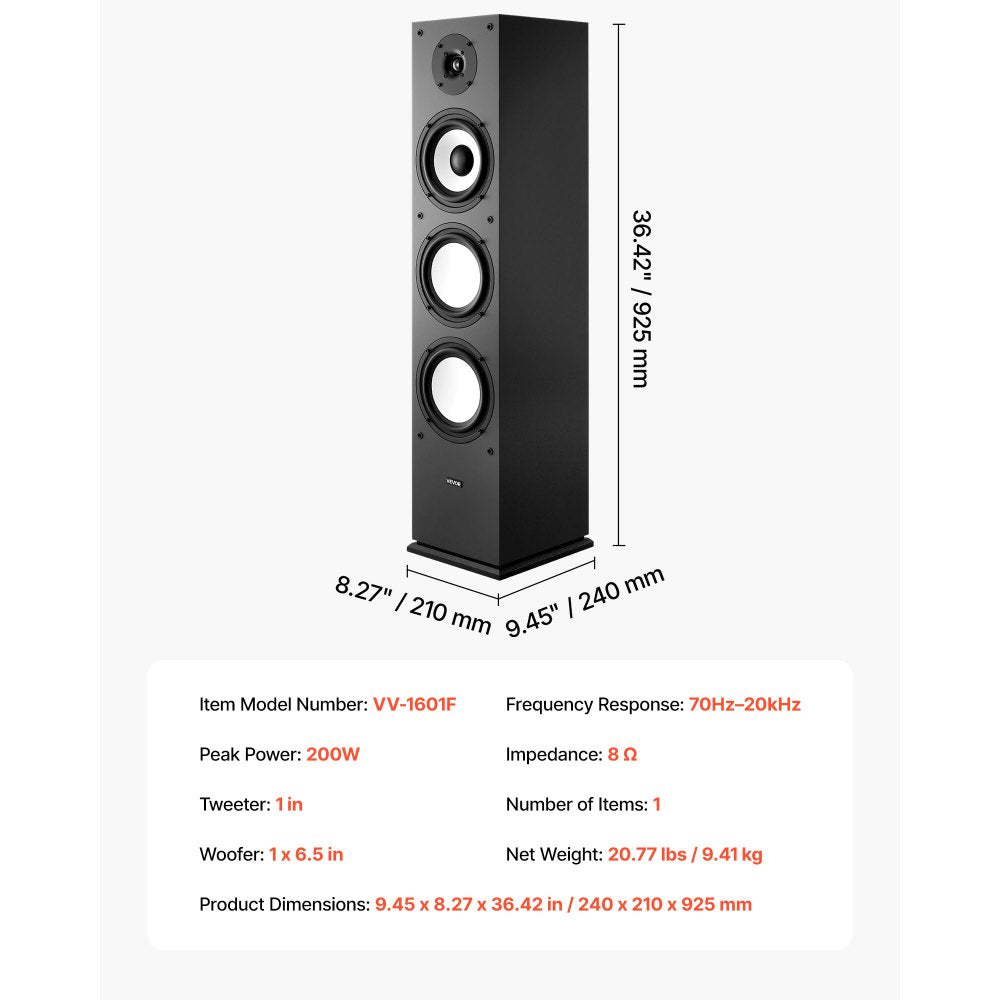 VEVOR Floorstanding Speaker, 2-Way, Floor-Standing Tower Speaker with 1-Inch Tweeter, 6.5-Inch Woofer, 200W Peak Power, 70Hz–20kHz Frequency Response, Durable MDF Enclosure, for Home Audio, Single