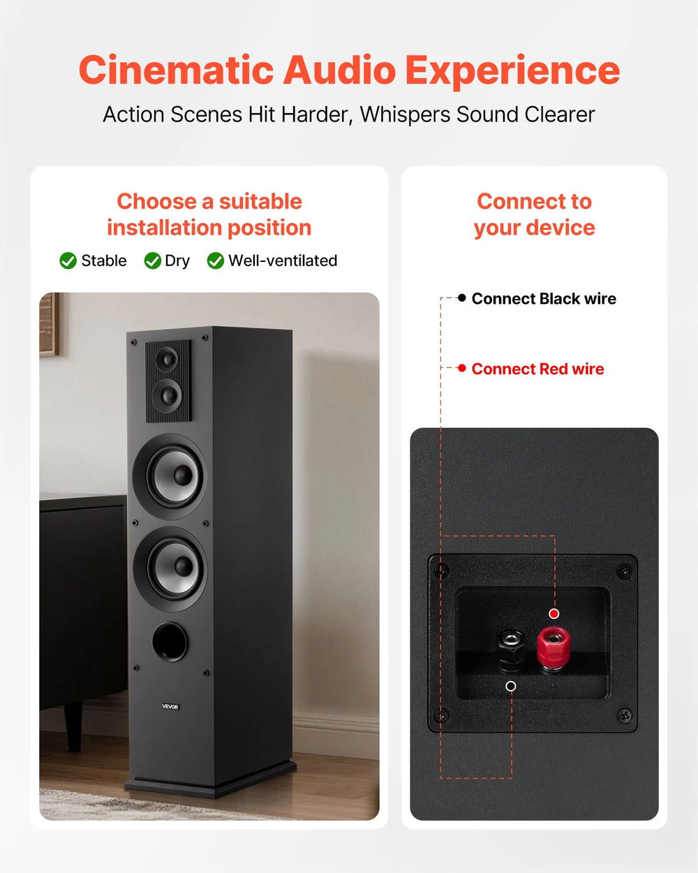VEVOR speaker placement and rear terminal connection guide