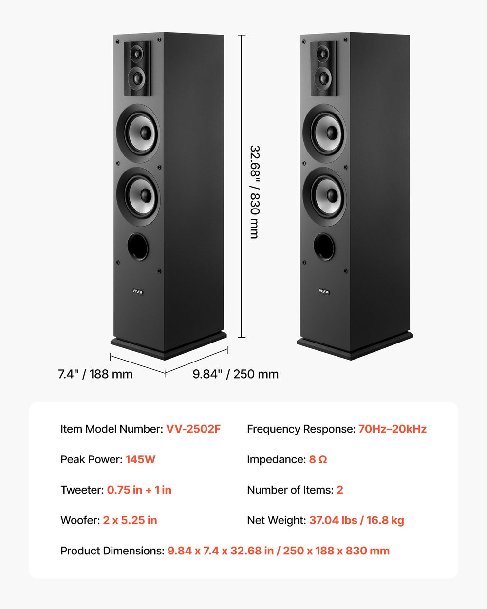 VEVOR floorstanding speaker dimensions and key specs infographic