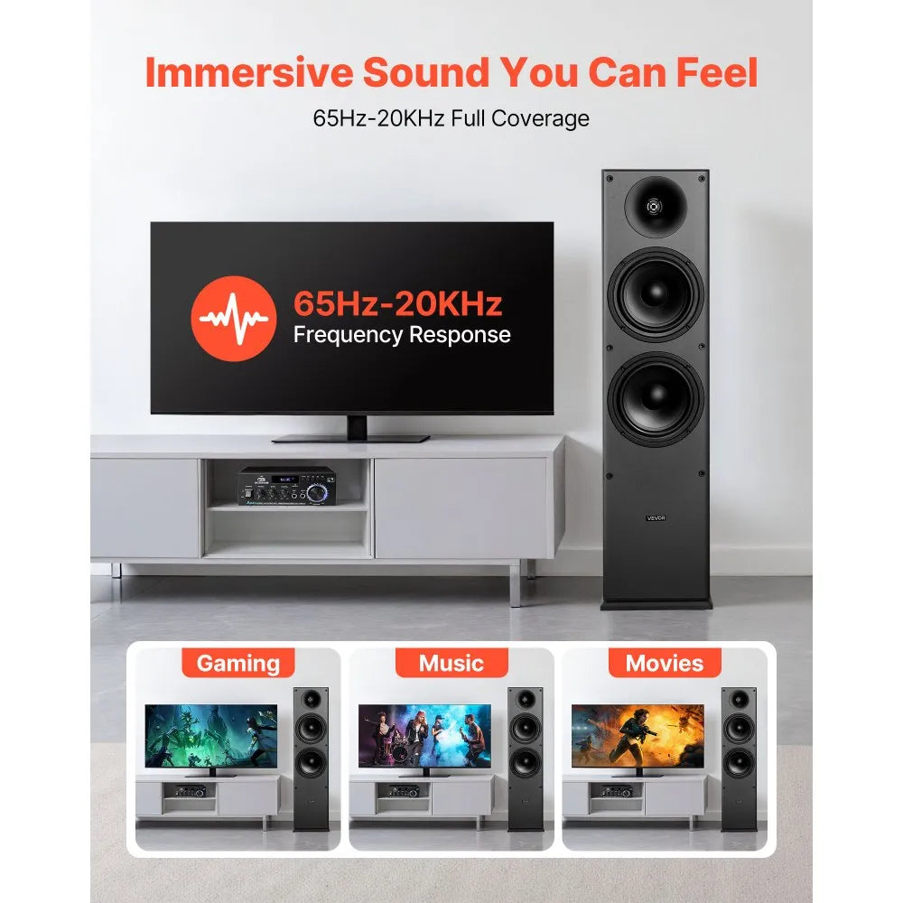 VEVOR floorstanding speakers frequency response 65Hz–20kHz graphic