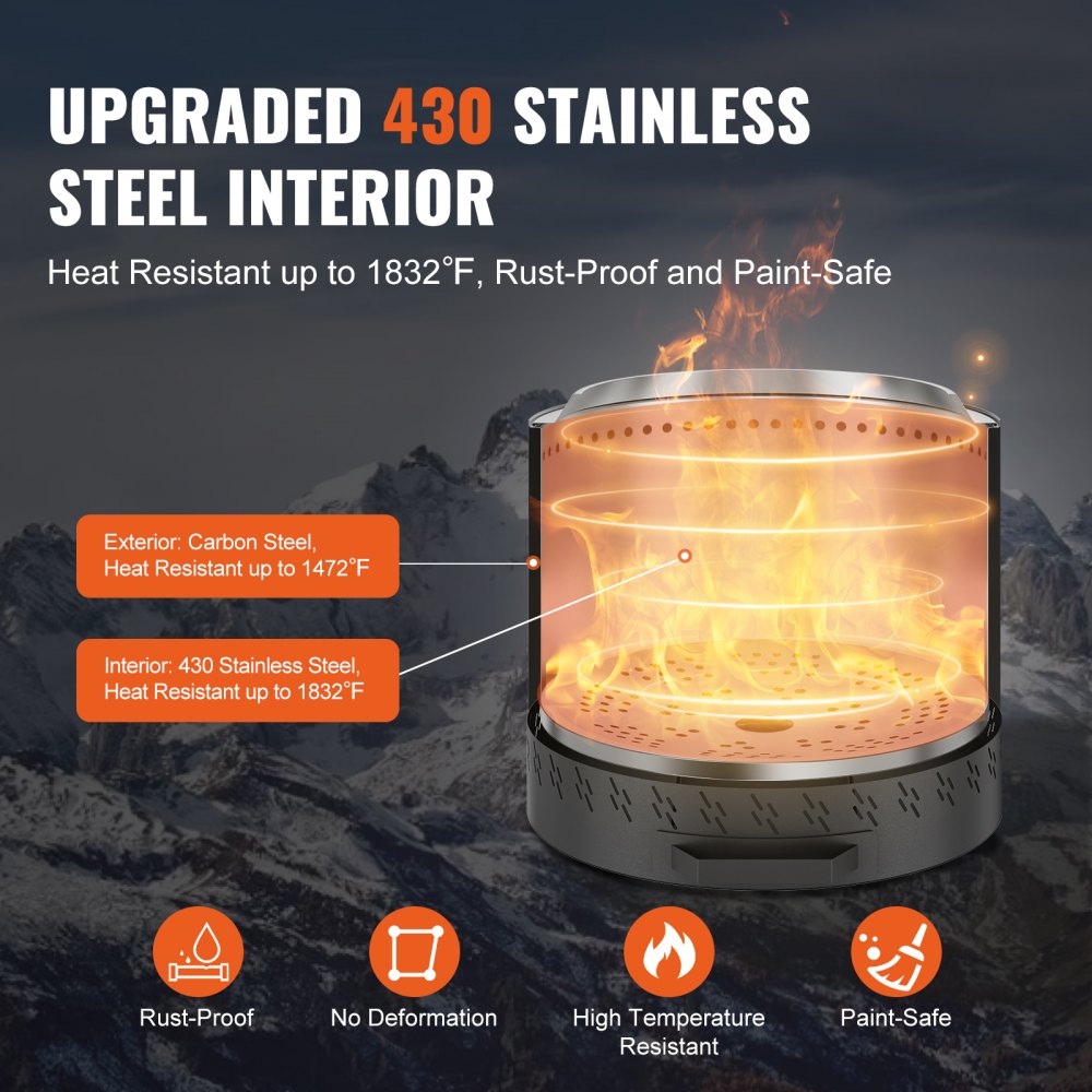 VEVOR Smokeless Fire Pit Stove Bonfire, H: 15.4 in x Dia: 15.7 in ,Wood Burning Fireplaces with Removable Ash Pan, SUS430 Stainless Steel Inner Portable Outdoor Firepit,for Outdoor Patio Camping
