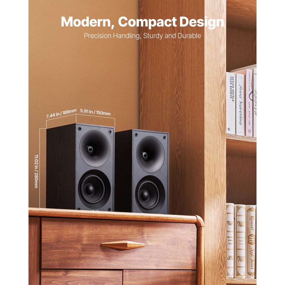 VEVOR Passive Bookshelf Speaker, 300W, Book Shelf Stereo Speakers with 4-Inch Woofer and 1-Inch Tweeter, Detachable Grille, 70Hz-20KHz Frequency Response, Wooden Enclosure, for Home Theater (1 Pair)