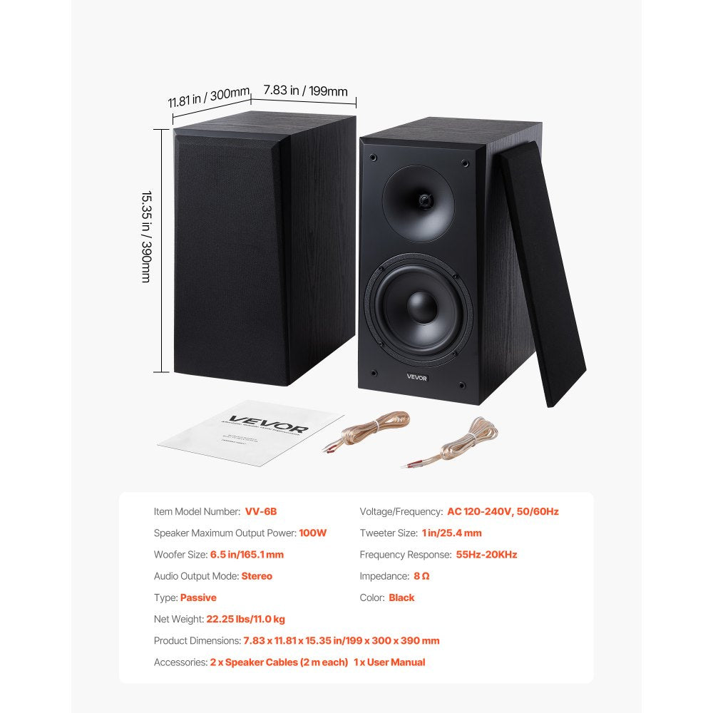 VEVOR Passive Bookshelf Speaker, 300W, Book Shelf Stereo Speakers with 6.5-Inch Woofer and 1-Inch Tweeter, Detachable Grille, 55Hz-20KHz Frequency Response, Wooden Enclosure, for Home Theater (1 Pair)