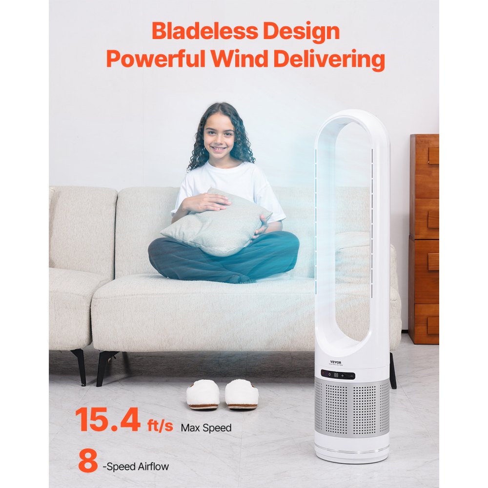 VEVOR Tower Fan Bladeless, 15.4ft/s Velocity Floor Fan that Blows Cold Air, 80° Oscillating 8-Speed Fans, 8H Timer, Standing Fans with H13 HEPA Filtration, Remote Control & Air Purification Mode