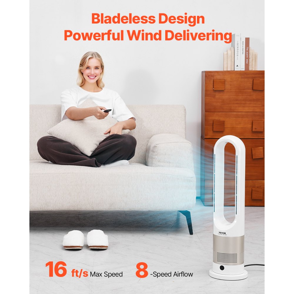 VEVOR Tower Fan Bladeless, 16 ft/s Velocity Quiet Floor Fan that Blows Cold & Heating Air, 80° Oscillating Fans with 8 Speeds, 9H Timer, Standing Fans with Remote Control for Bedroom, Office, Home