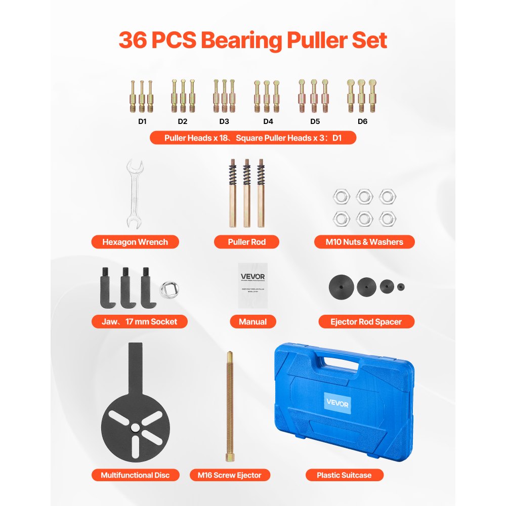 VEVOR 36-in-1 Bearing Puller Set, 36 PCS 3-Jaw Hook Puller for Internal External Bearings and Bearing Without Inner Shaft, Multifunctional Bearing Removal Tool with Heavy Duty Portable Storage Case