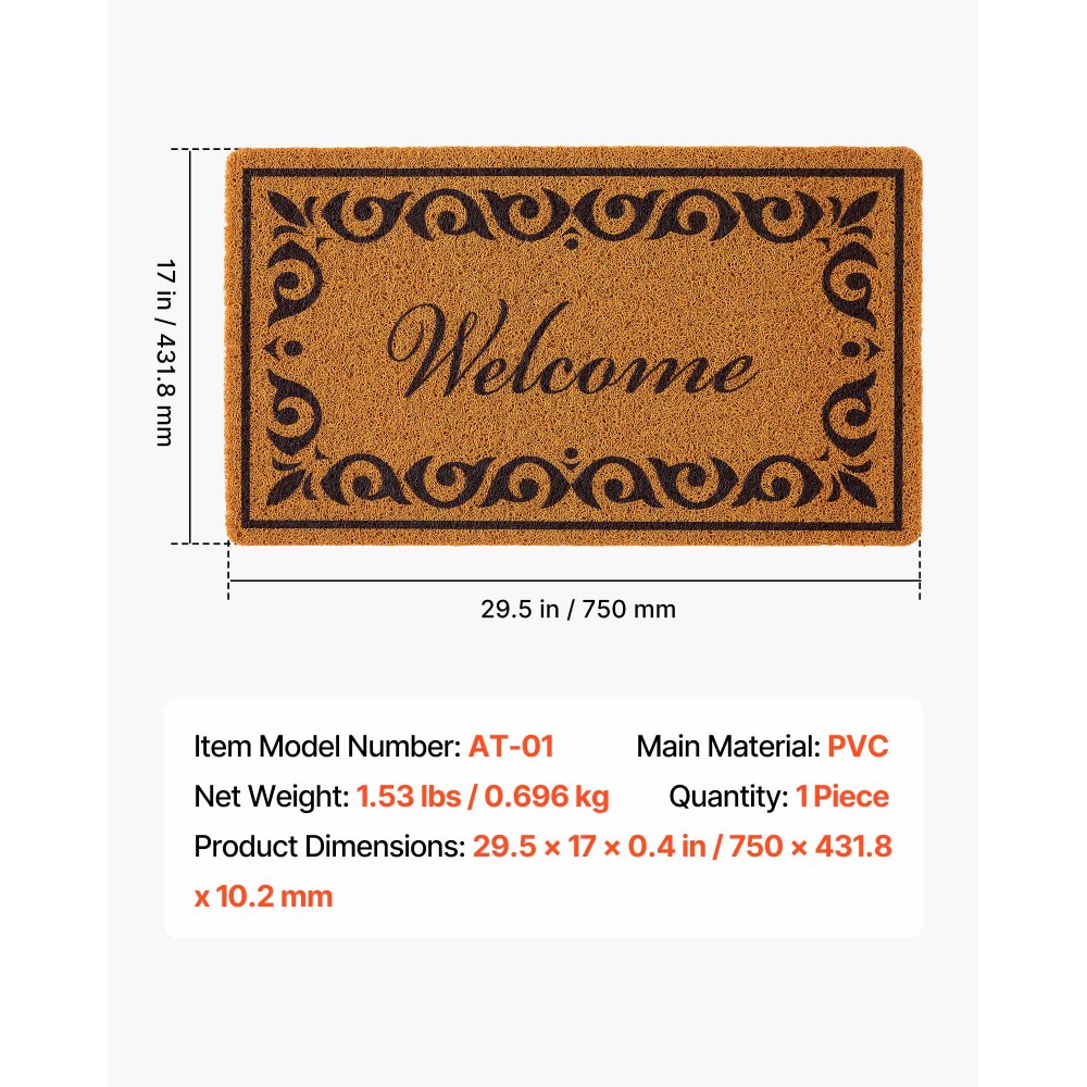 VEVOR Door Mat, Welcome Doormat for Outdoor Entrance, 29.5" x 17" All-Weather Faux Coir Entryway Mat with Non-Slip Backing, Low-Profile & Easy-to-Clean Front Door Mats for Garage, Backyard, Patio