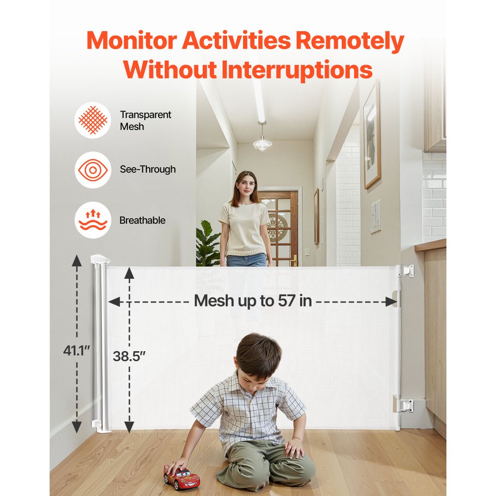 VEVOR Retractable Baby Gate, Extends to 57 inch Wide, 38.5 inch Tall, with Security Lock, Easy to Use, Walk Through Without Tripping, Mesh Dog Gate for Stairs, Hallways, Indoor/Outdoor, White