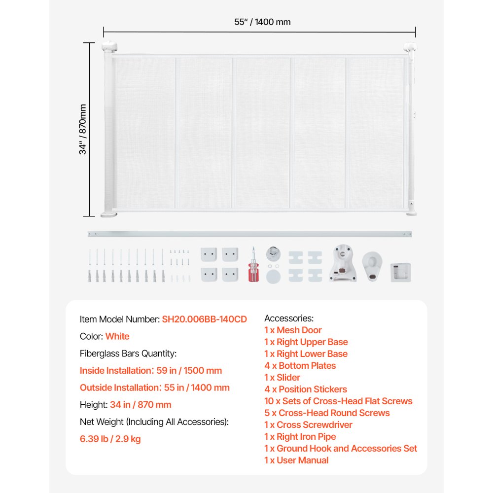 VEVOR Retractable Baby Gate, 34 inch Tall, Extends up to 55 inch Wide, Retractable Gate for Kids or Pets, Mesh Material, Easy to Install for Indoor Stairs, Doorways, Hallways, Playrooms, White