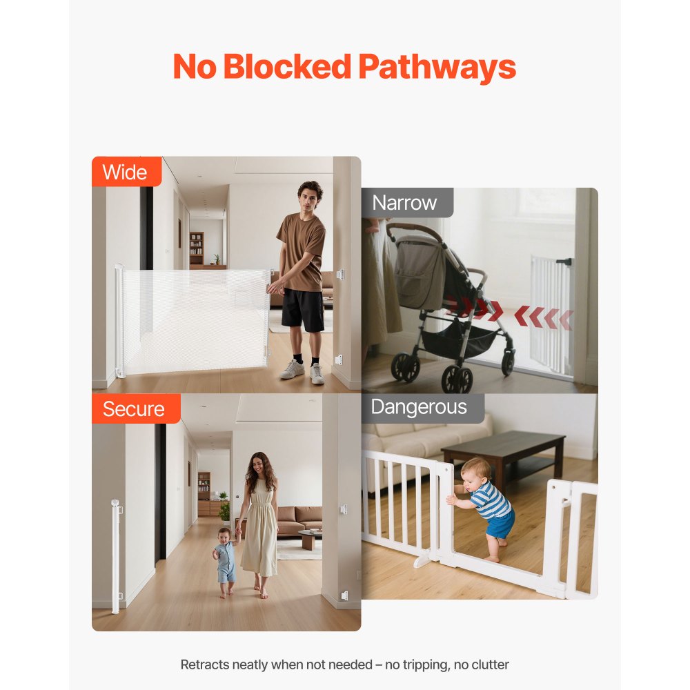 VEVOR Retractable Baby Gate, Extends to 56.3 inch Wide, 31.3 inch Tall, with Security Lock, Easy to Use, Walk Through Without Tripping, Mesh Dog Gate for Stairs, Hallways, Indoor/Outdoor, White