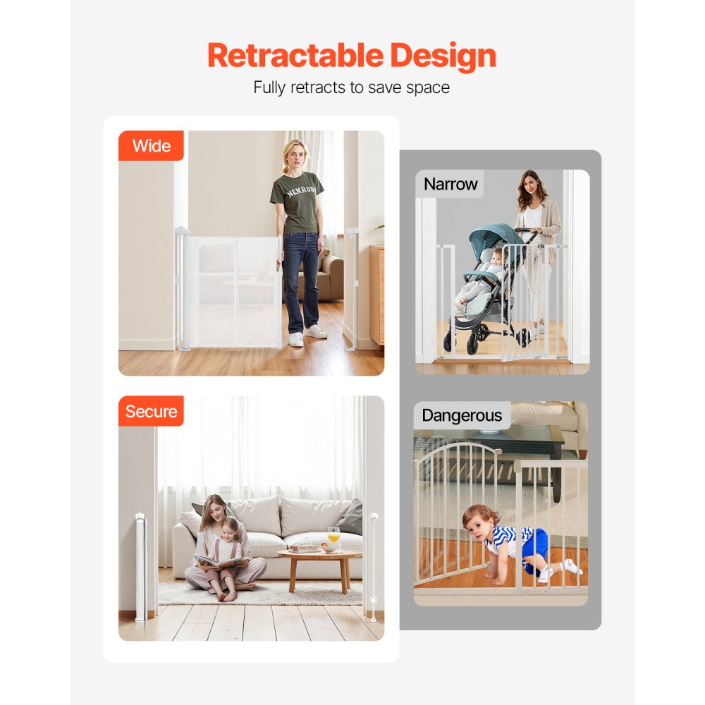 VEVOR Retractable Baby Gate, 34 inch Tall, Extends up to 71 inch Wide, Retractable Gate for Kids or Pets, Mesh Material, Easy to Install for Indoor Stairs, Doorways, Hallways, Playrooms, White